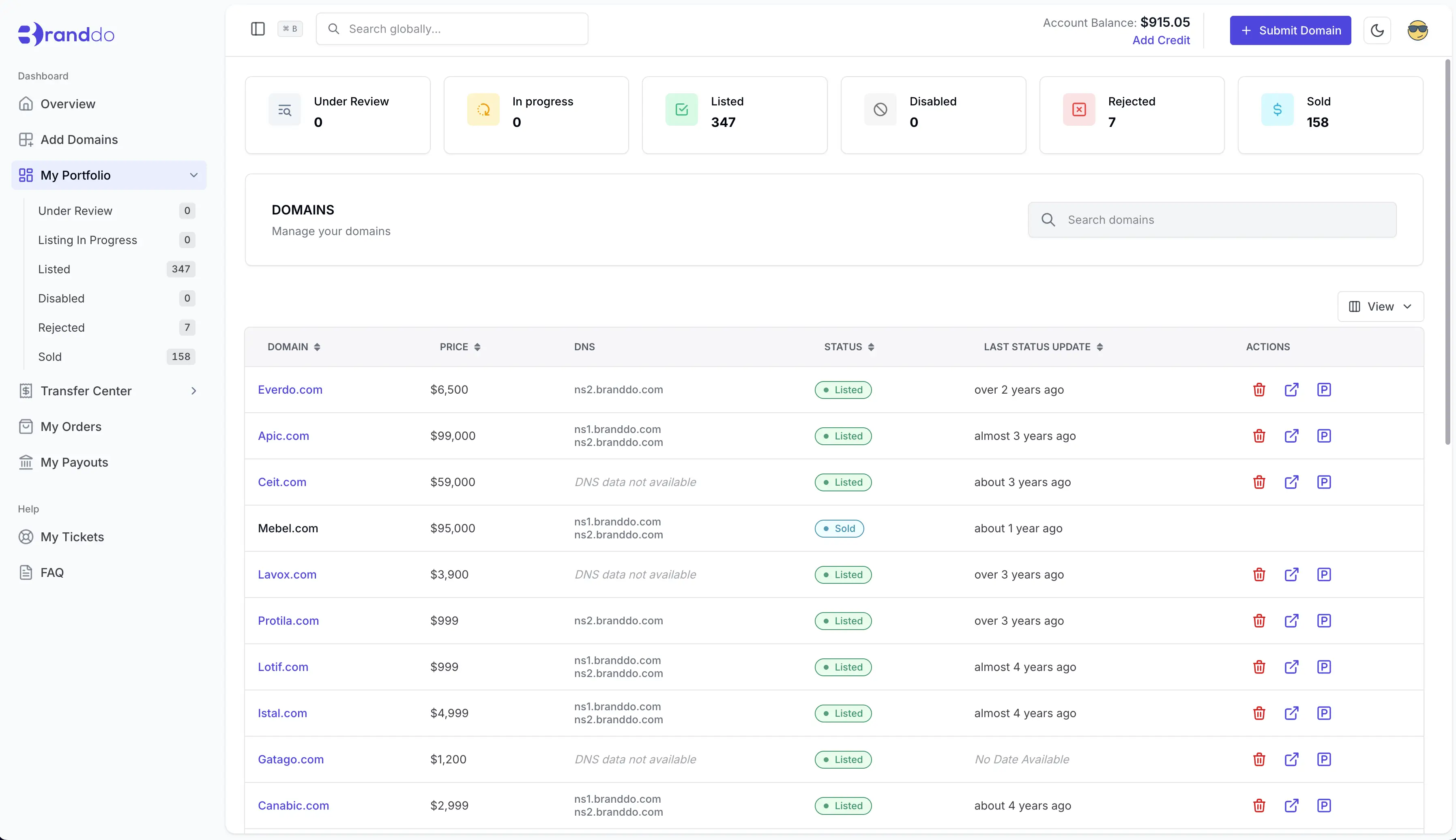 BrandDo domain marketplace platform screenshot for sellers listing domains.