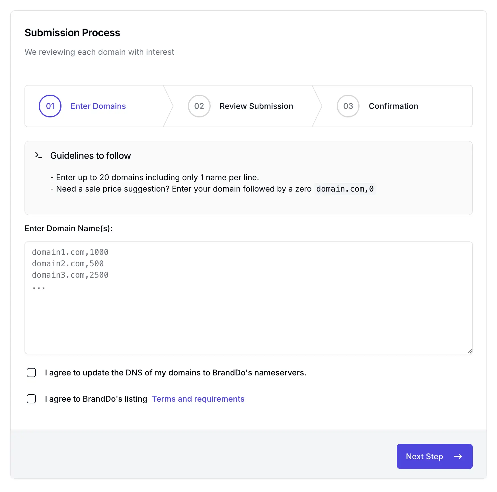 Easy domain submission process on BrandDo for selling brandable names.